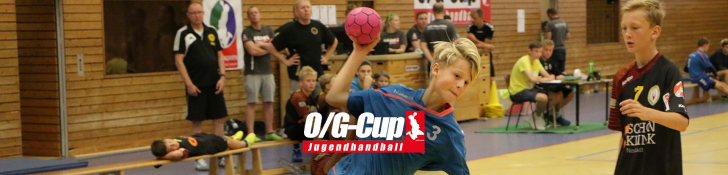 Jugendliche beim Handballspiel in einer Sporthalle, ein Spieler wirft den Ball